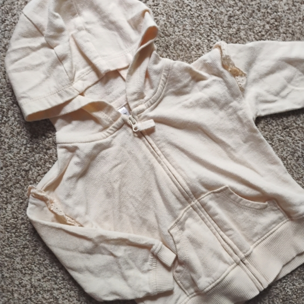 Baby Essential Zip Up Hooded Sweatshirt | Ivory Cream Lace Ruffle Shoulder | 9M